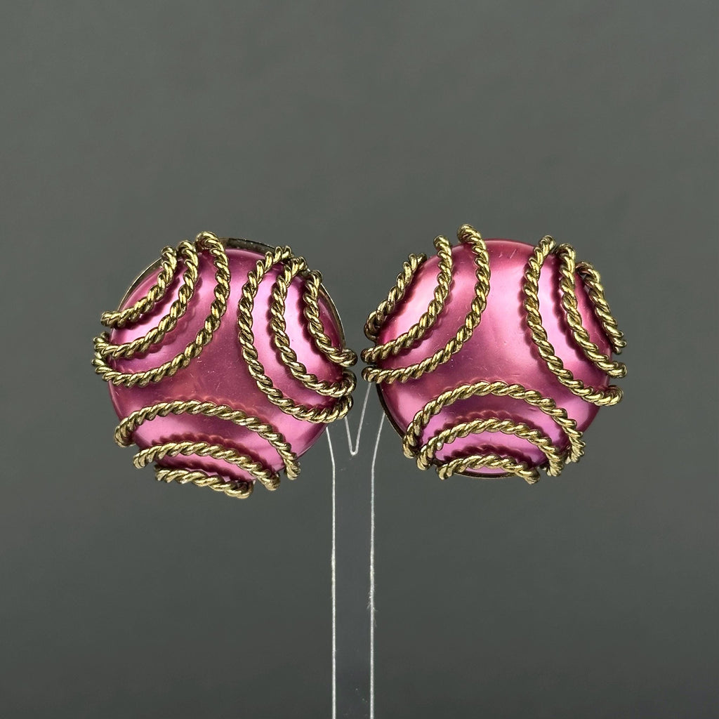 Vintage brass tone and fuchsia pink statement clip-on earrings