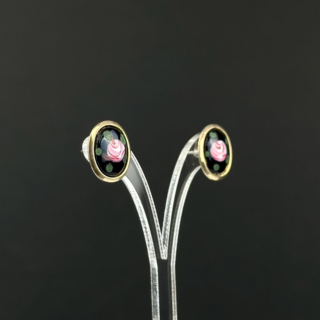 Vintage floral and black enamel small stud earrings
