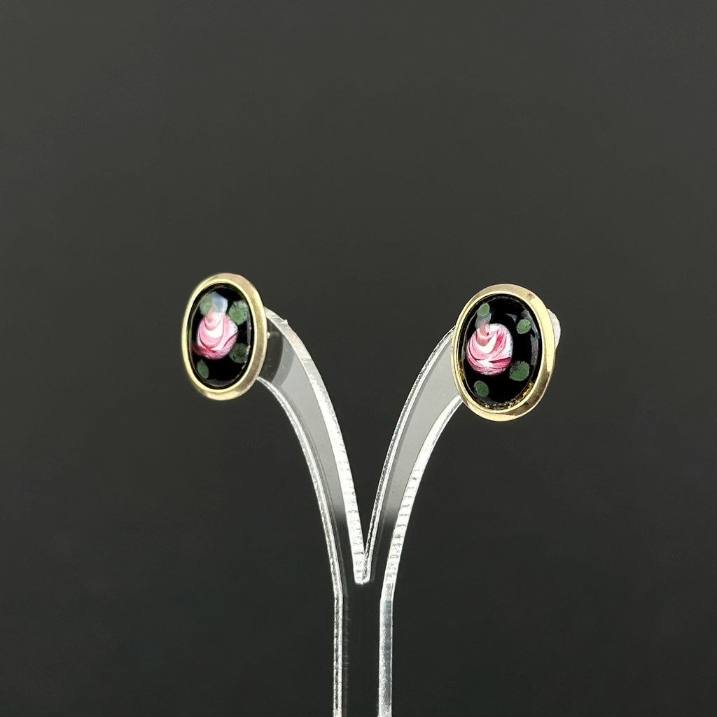 Vintage floral and black enamel small stud earrings