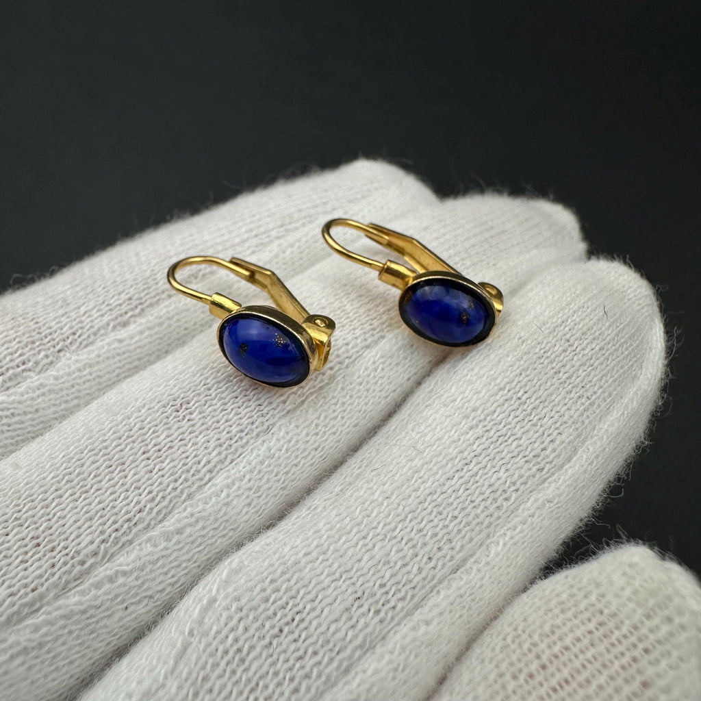 Vintage gold tone and blue cabochons drop earrings