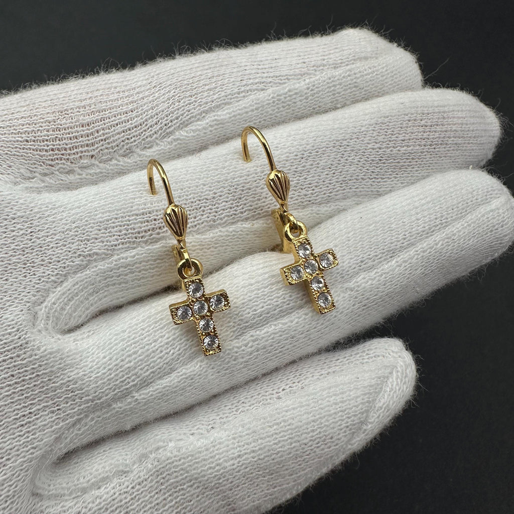 Vintage 1928 gold tone cross drop earrings with clear rhinestones