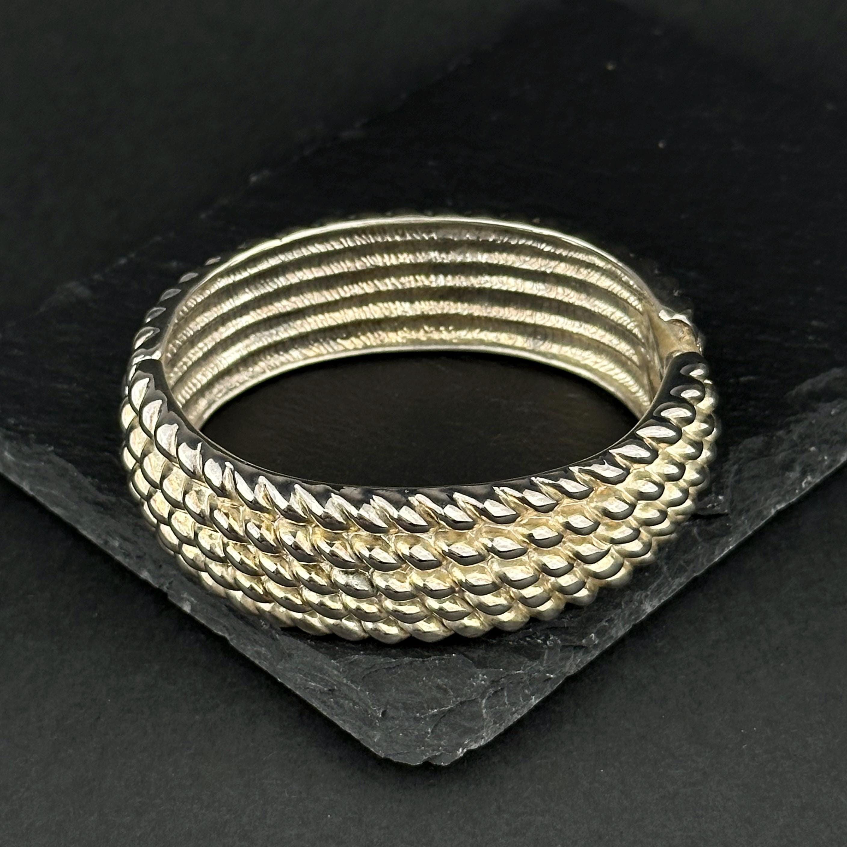 Vintage wide silver-tone textured hinged bangle
