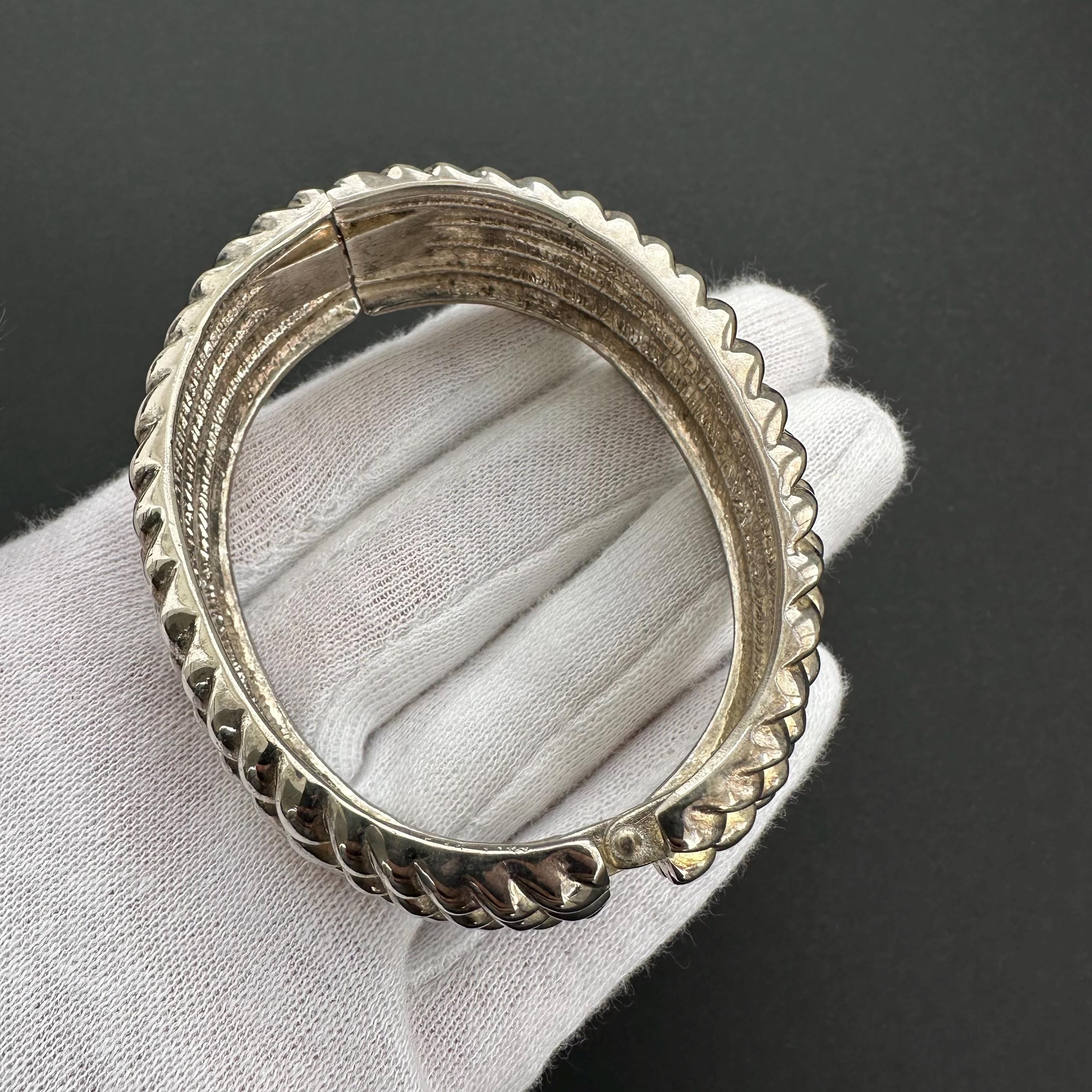 Vintage wide silver-tone textured hinged bangle