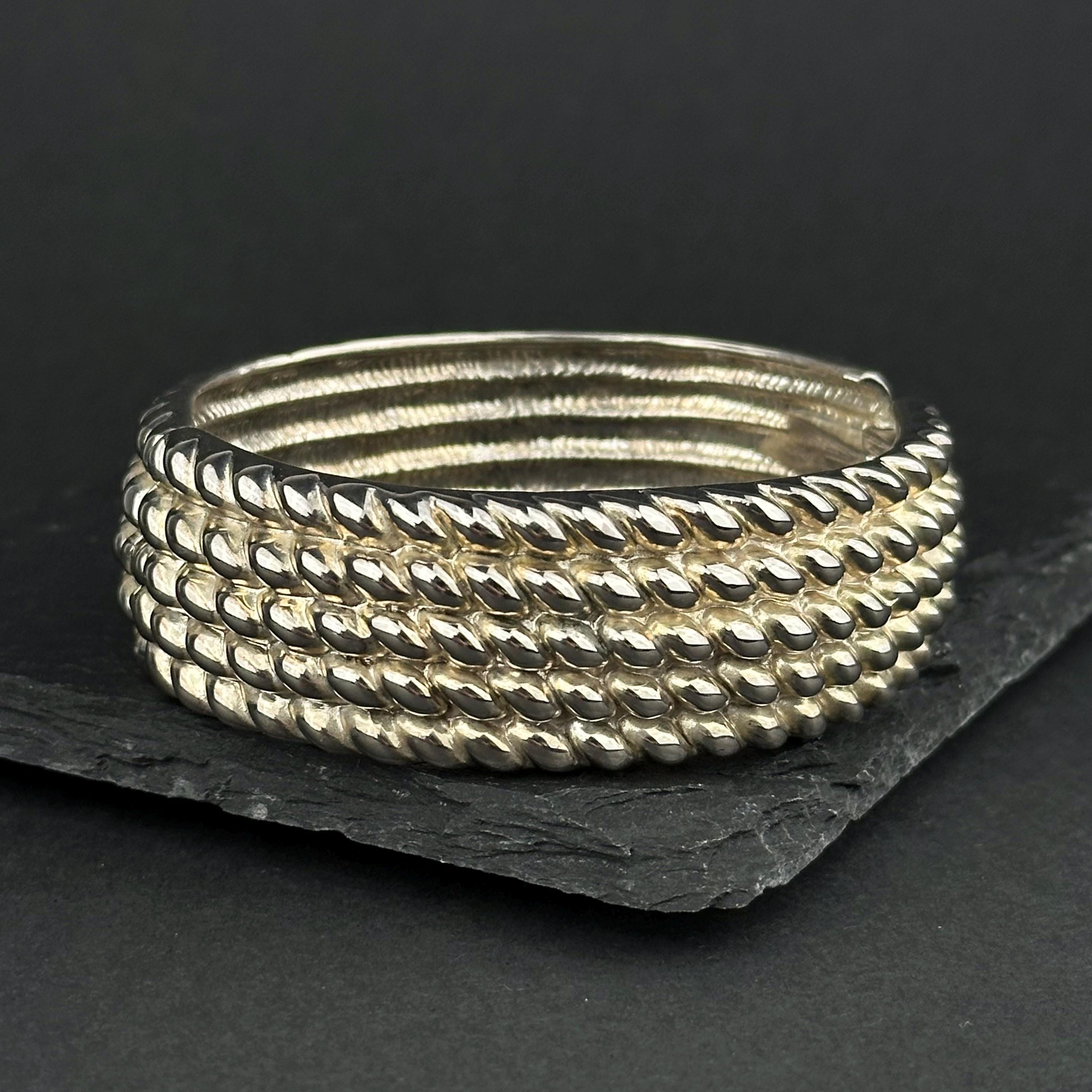 Vintage wide silver-tone textured hinged bangle