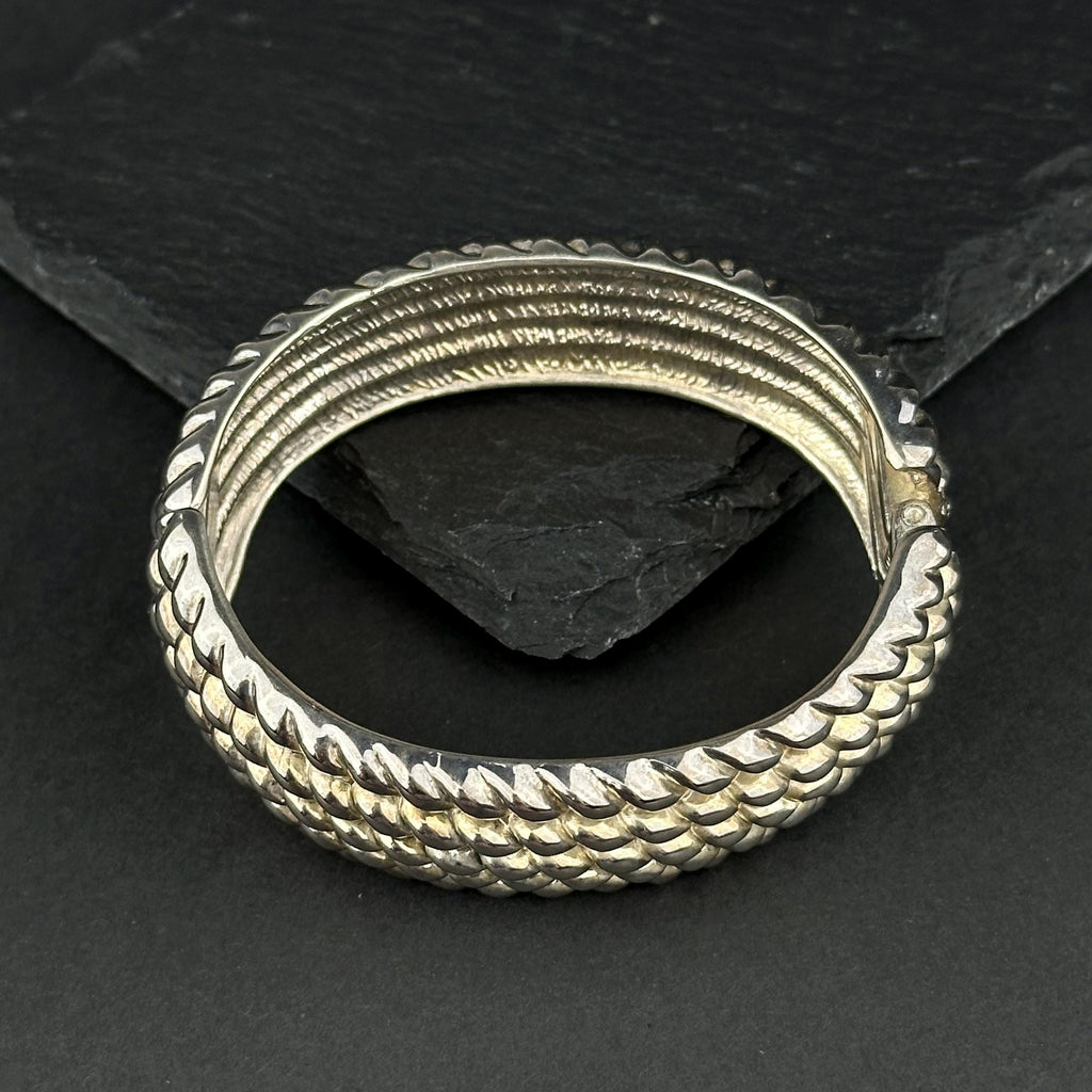 Vintage wide silver-tone textured hinged bangle