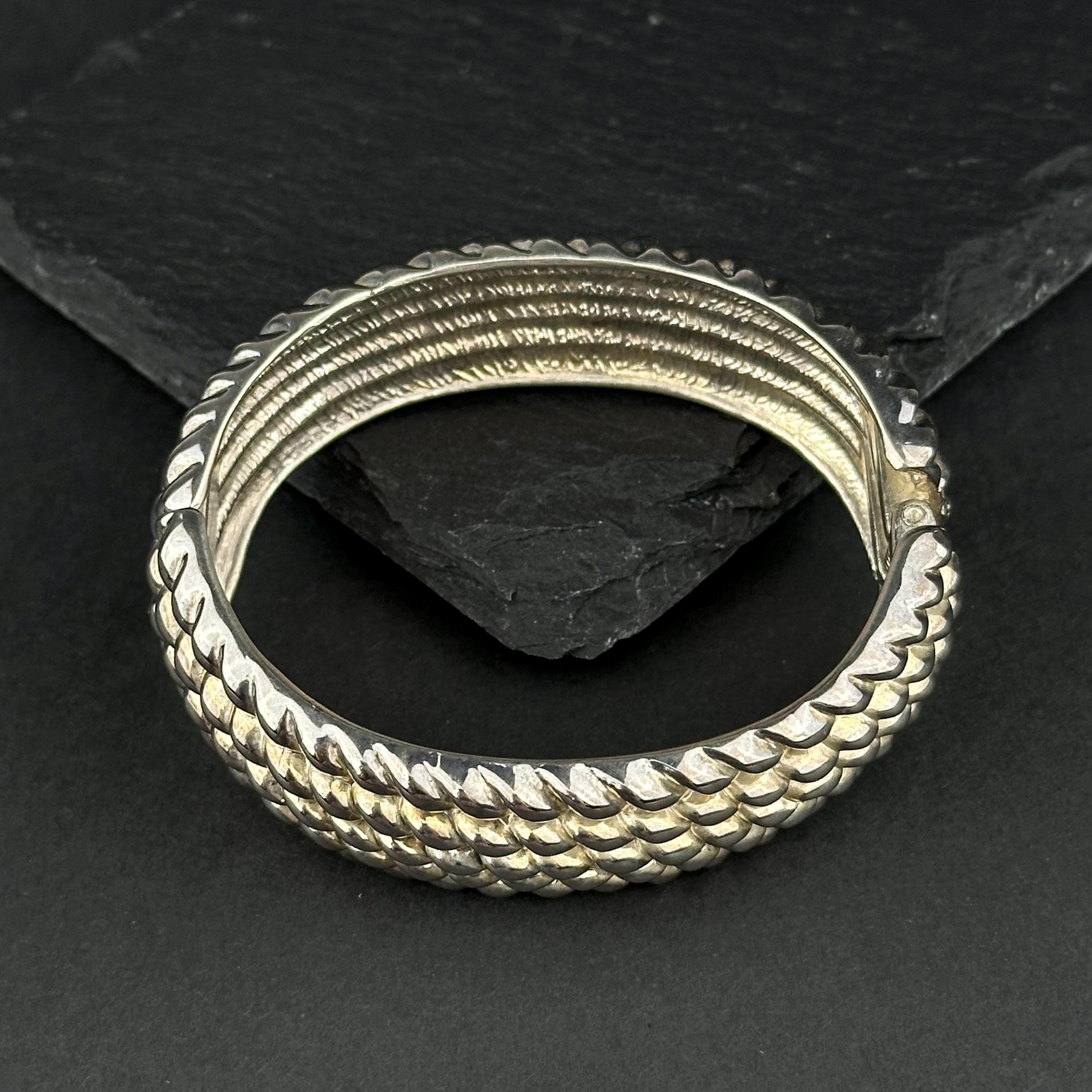 Vintage wide silver-tone textured hinged bangle