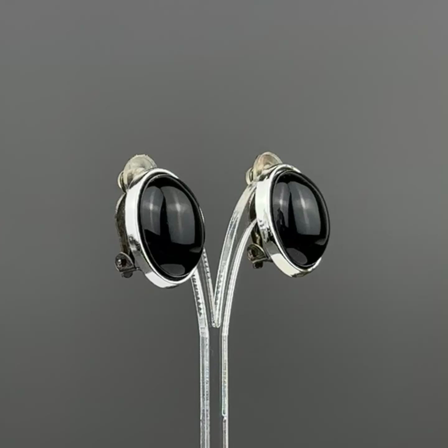 Vintage silver tone and black oval clip on earrings