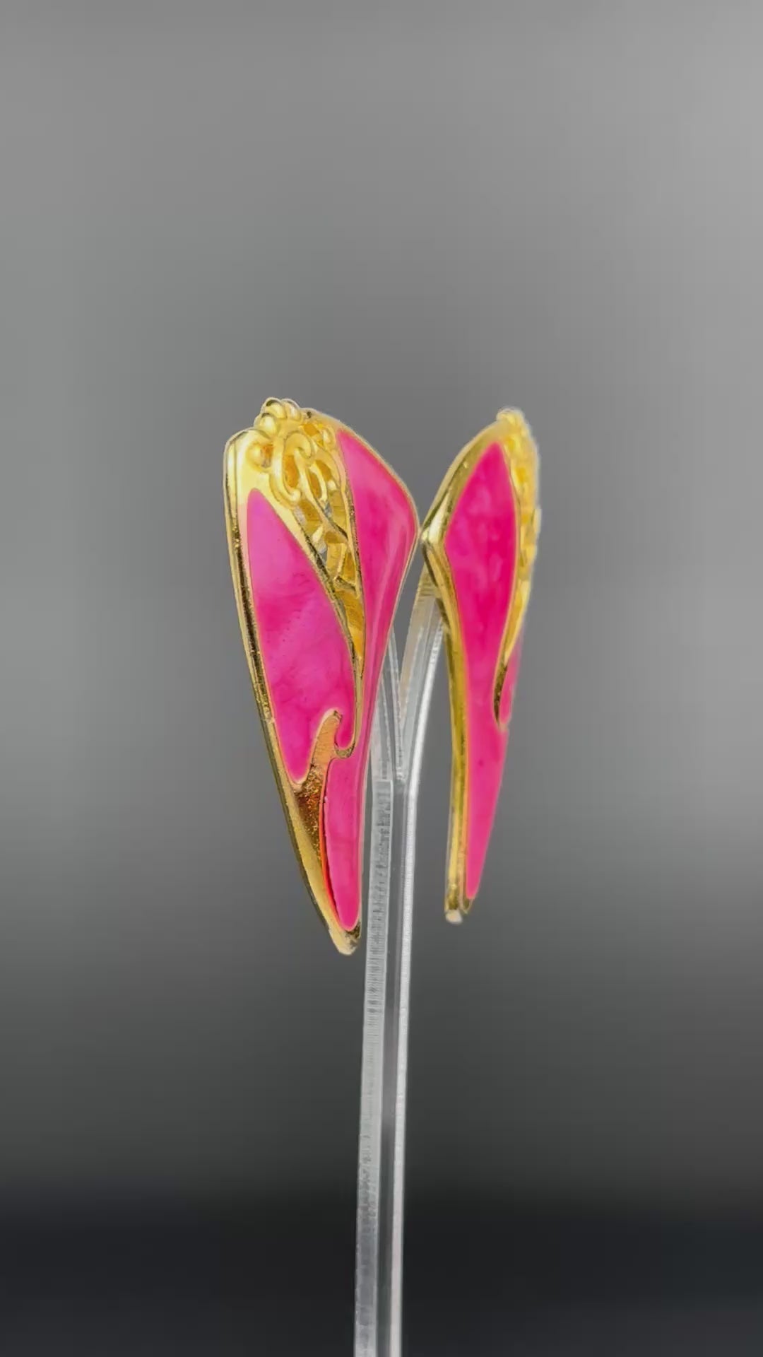 Vintage Berébi gold tone and pink enamel statement earrings