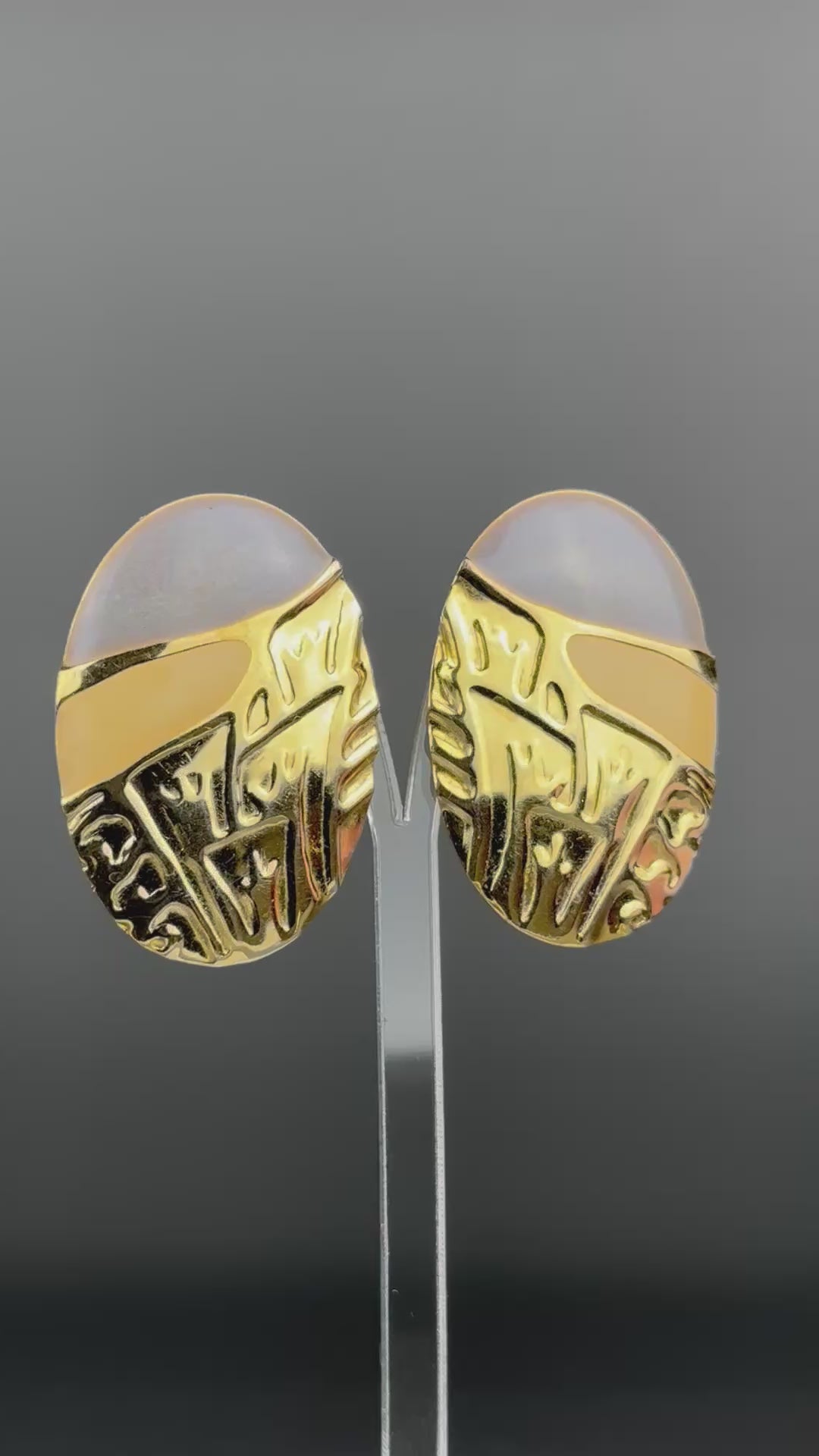 Vintage gold tone and grey enamel oval stud earrings